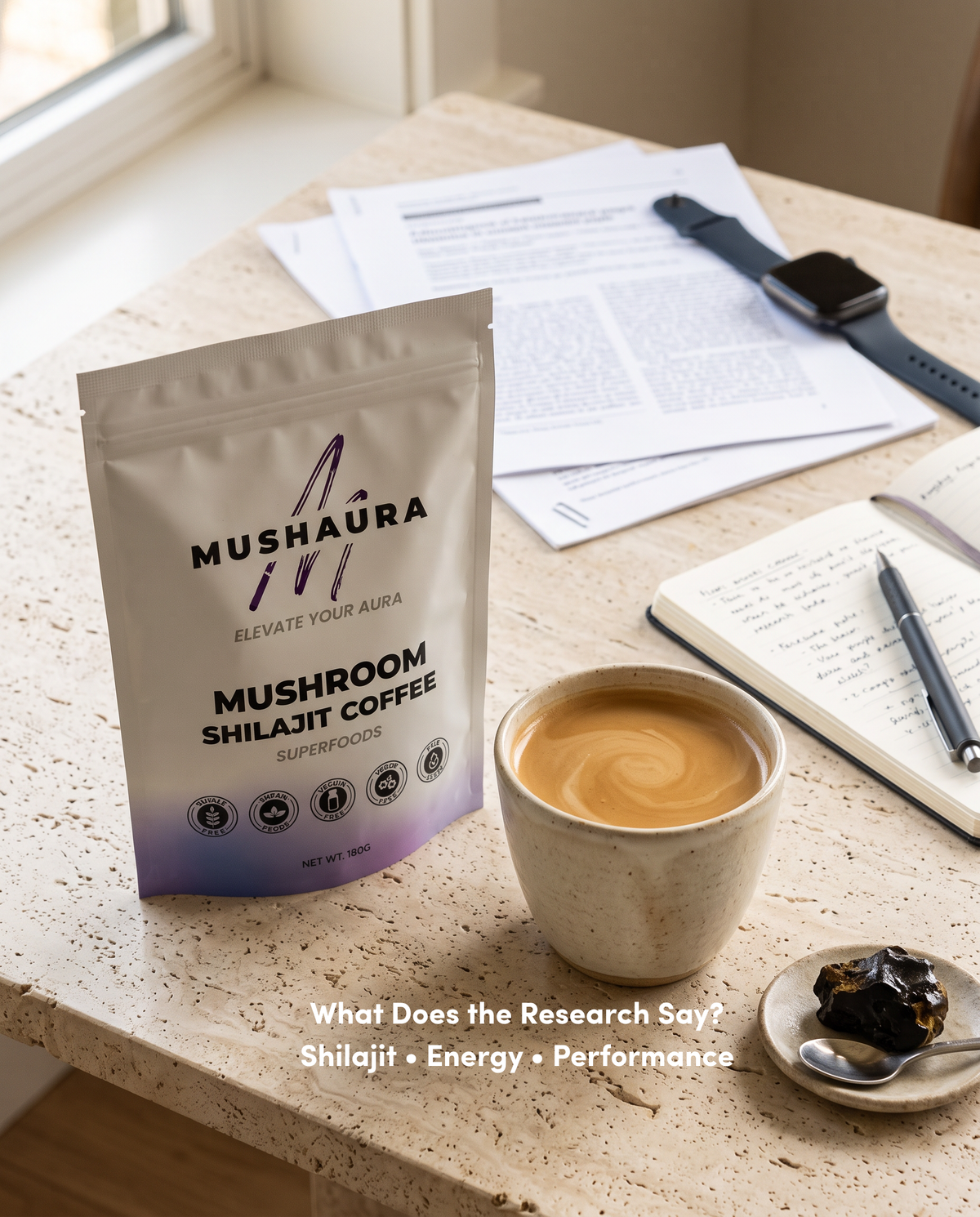 MushAura Himalayan Shilajit Coffee with research papers and Shilajit