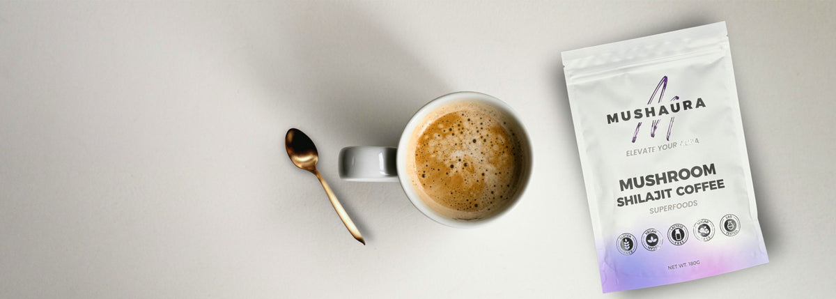 MushAura Himalayan Shilajit Coffee pouch beside a cup of coffee